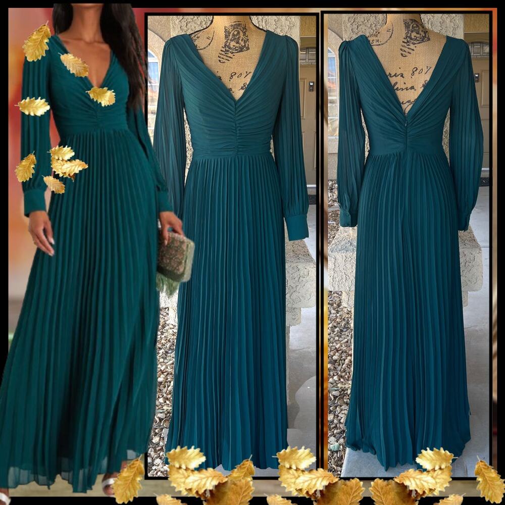 Lulus Emerald Green Pleated Long Sleeve Sophisticated Grace Maxi Dress Size XS
